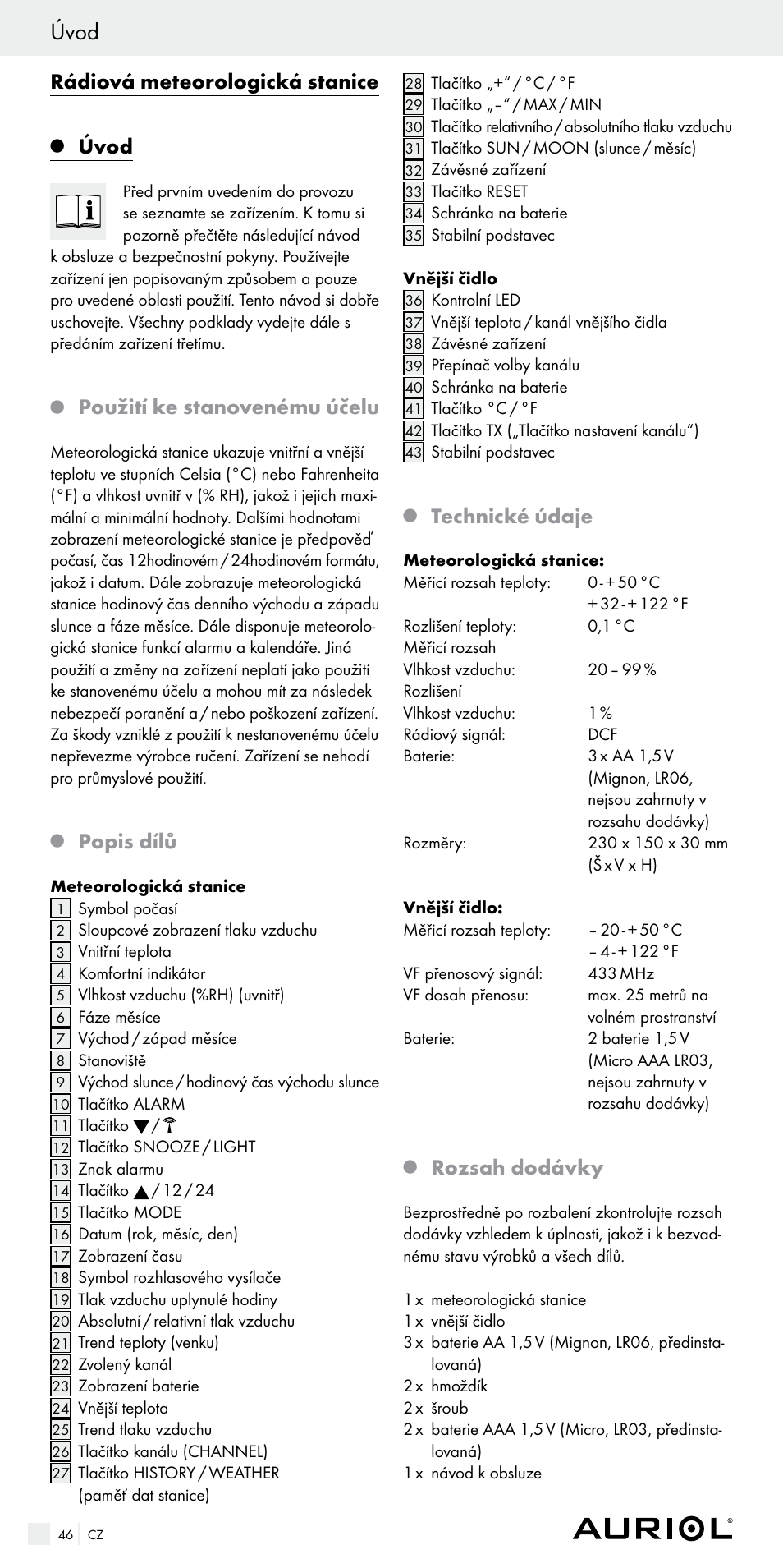 Úvod, Rádiová meteorologická stanice, Použití ke stanovenému účelu | Popis dílů, Technické údaje, Rozsah dodávky | Auriol Z29536 User Manual | Page 46 / 75