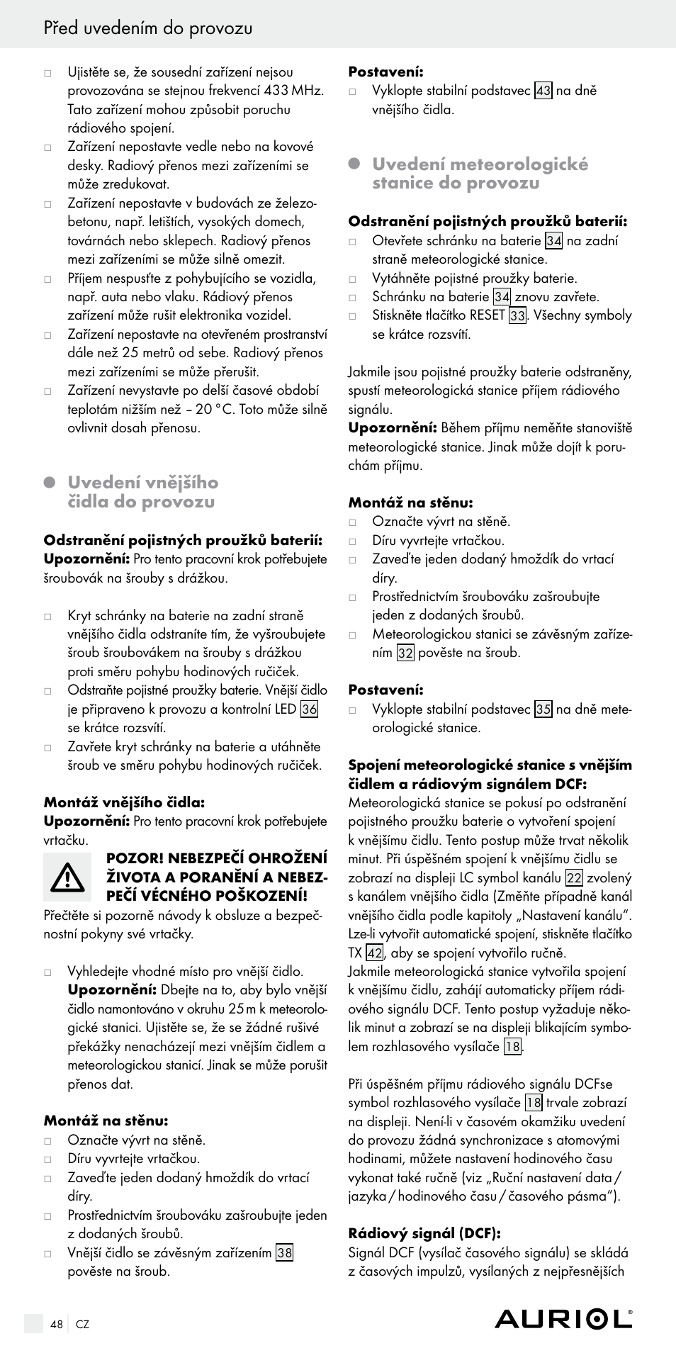 Před uvedením do provozu, Uvedení vnějšího čidla do provozu, Uvedení meteorologické stanice do provozu | Auriol Z29536 User Manual | Page 48 / 75