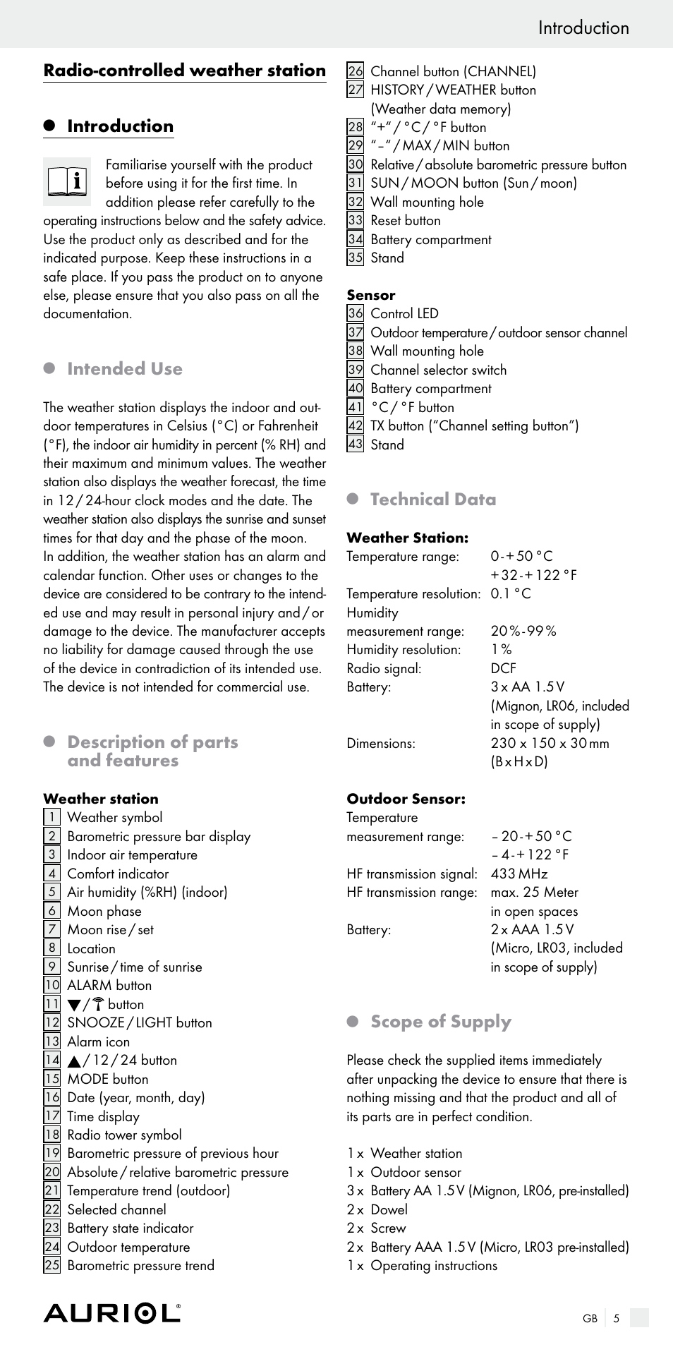 Introduction, Radio-controlled weather station, Intended use | Description of parts and features, Technical data, Scope of supply | Auriol Z29536 User Manual | Page 5 / 75