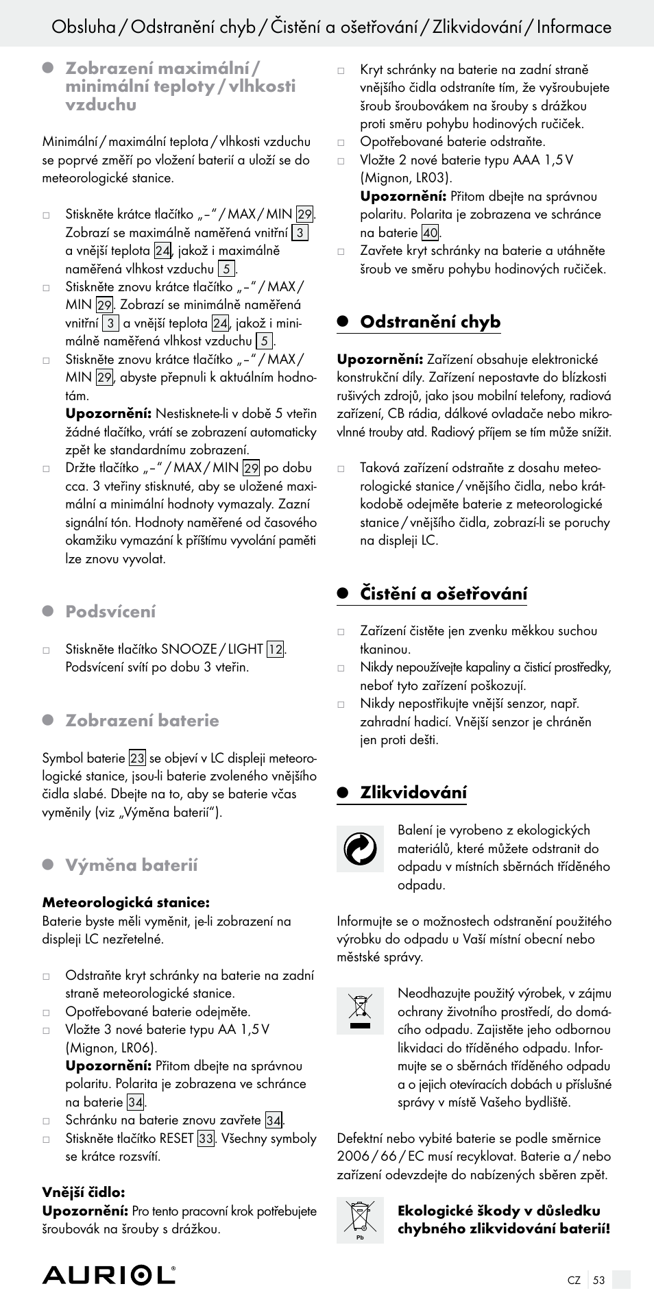 Podsvícení, Zobrazení baterie, Výměna baterií | Odstranění chyb, Čistění a ošetřování, Zlikvidování | Auriol Z29536 User Manual | Page 53 / 75