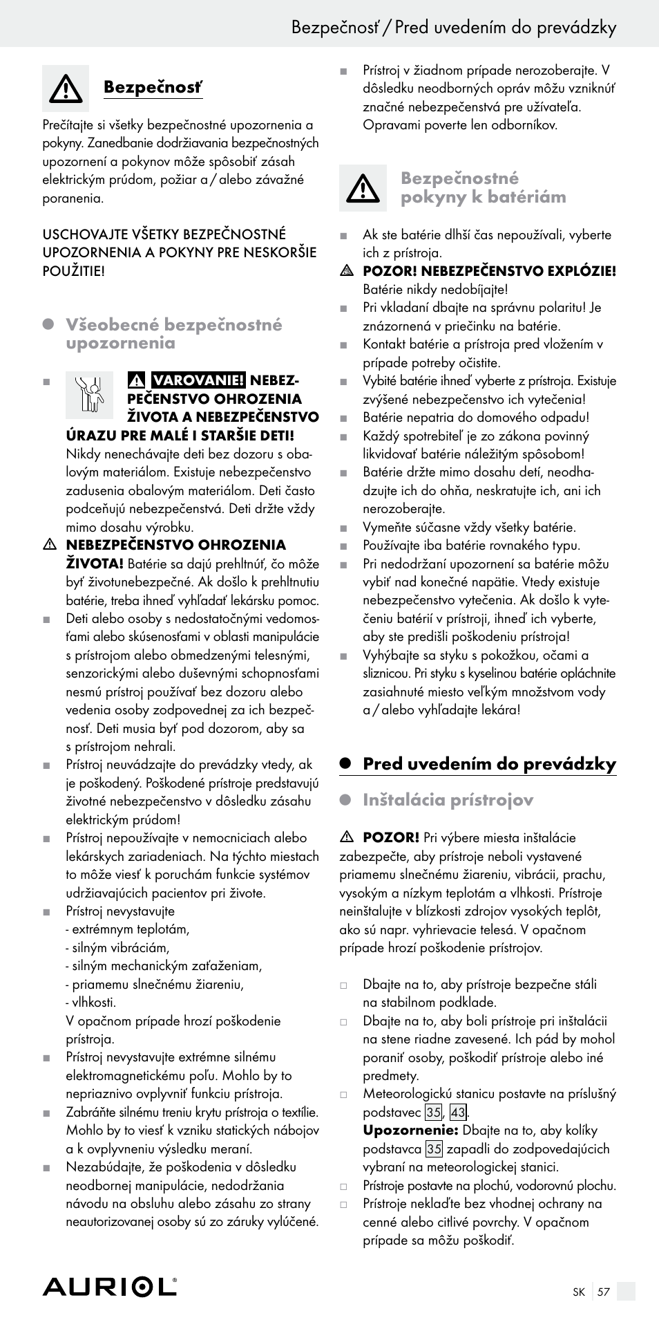 Bezpečnosť / pred uvedením do prevádzky, Bezpečnosť, Všeobecné bezpečnostné upozornenia | Bezpečnostné pokyny k batériám, Pred uvedením do prevádzky, Inštalácia prístrojov | Auriol Z29536 User Manual | Page 57 / 75