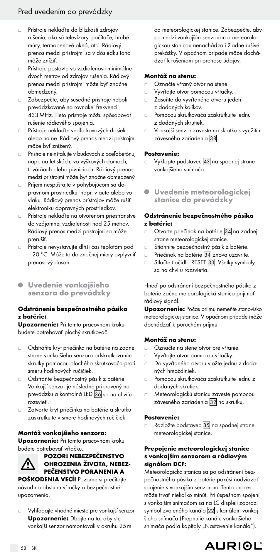 Pred uvedením do prevádzky, Uvedenie vonkajšieho senzora do prevádzky, Uvedenie meteorologickej stanice do prevádzky | Auriol Z29536 User Manual | Page 58 / 75