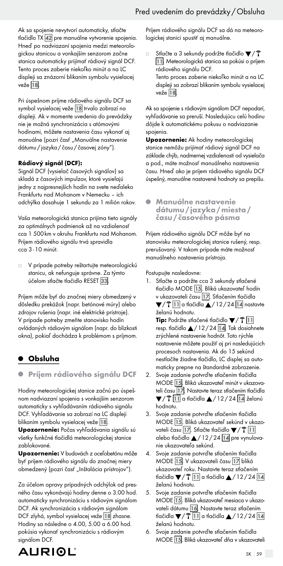 Pred uvedením do prevádzky / obsluha, Obsluha, Príjem rádiového signálu dcf | Auriol Z29536 User Manual | Page 59 / 75