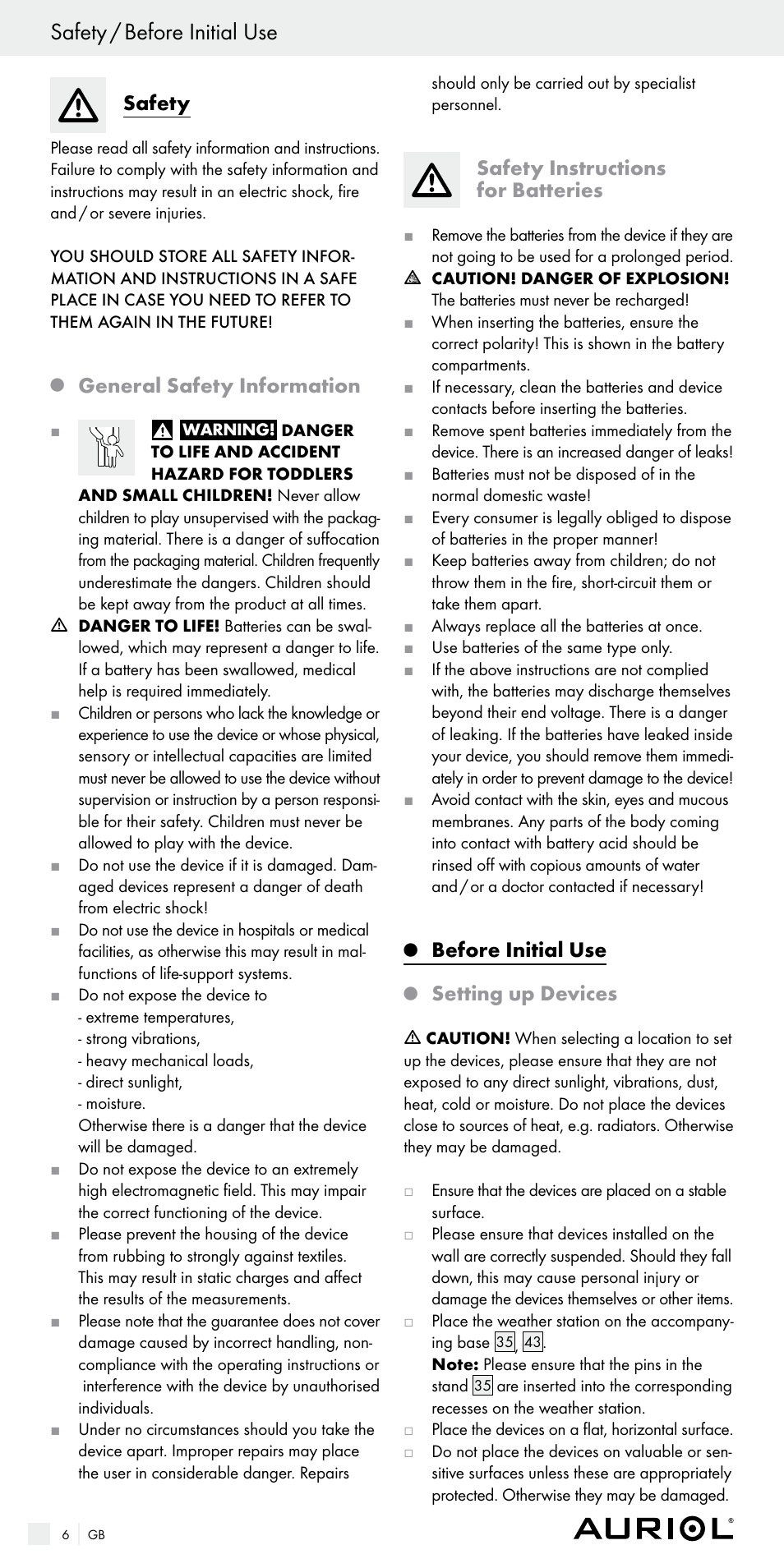 Safety / before initial use, Safety, General safety information | Safety instructions for batteries, Before initial use, Setting up devices | Auriol Z29536 User Manual | Page 6 / 75