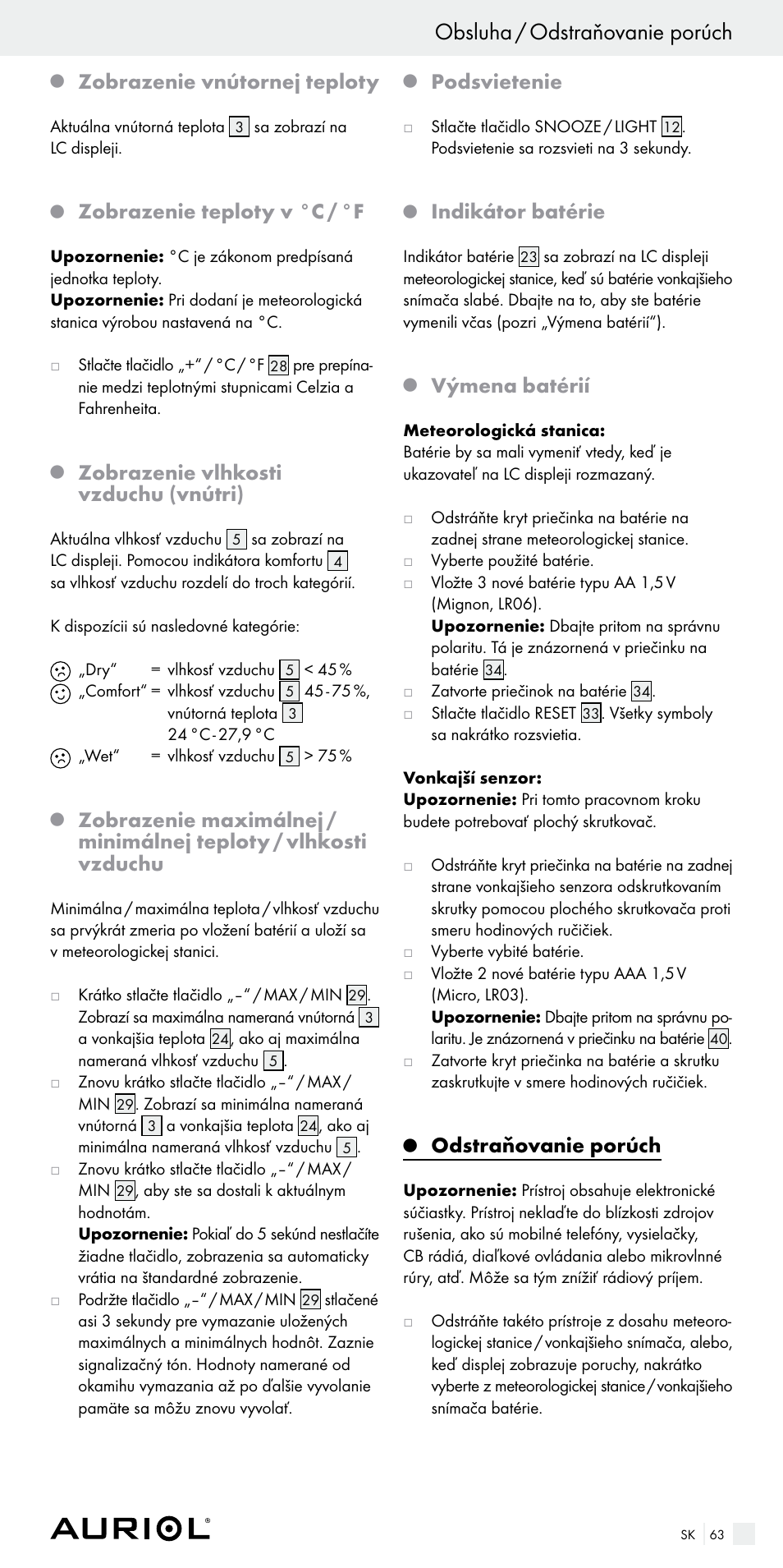 Obsluha / odstraňovanie porúch, Zobrazenie vnútornej teploty, Zobrazenie teploty v °c / °f | Zobrazenie vlhkosti vzduchu (vnútri), Podsvietenie, Indikátor batérie, Výmena batérií, Odstraňovanie porúch | Auriol Z29536 User Manual | Page 63 / 75