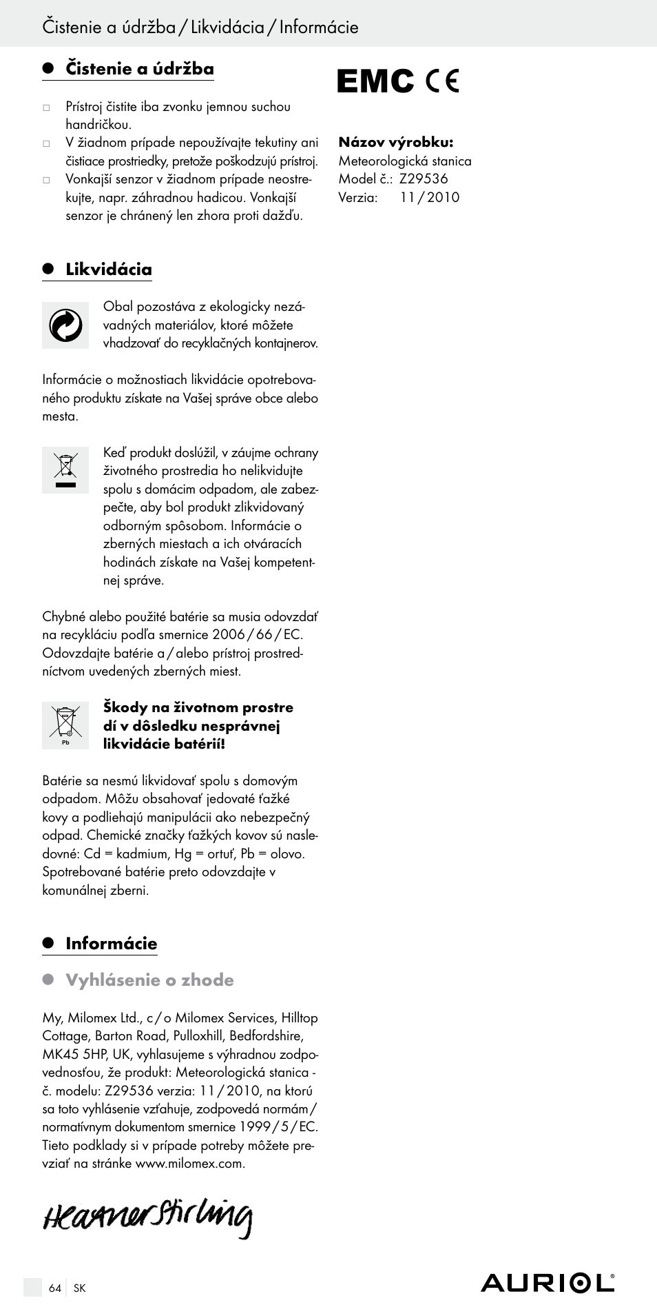 Čistenie a údržba / likvidácia / informácie, Čistenie a údržba, Likvidácia | Informácie, Vyhlásenie o zhode | Auriol Z29536 User Manual | Page 64 / 75