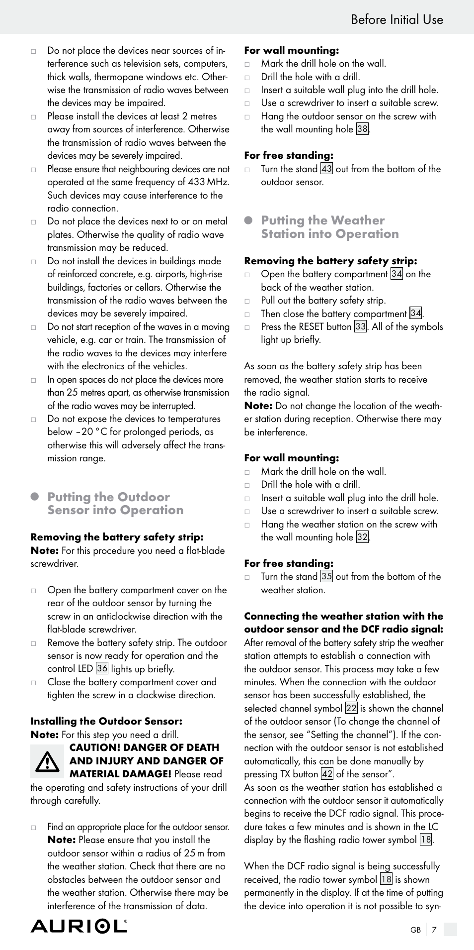 Before initial use, Putting the outdoor sensor into operation, Putting the weather station into operation | Auriol Z29536 User Manual | Page 7 / 75