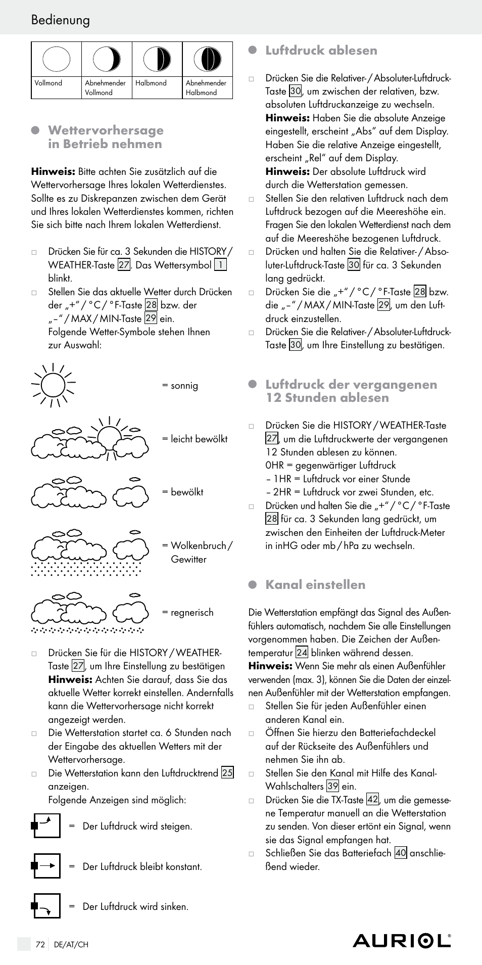 Bedienung, Wettervorhersage in betrieb nehmen, Luftdruck ablesen | Luftdruck der vergangenen 12 stunden ablesen, Kanal einstellen | Auriol Z29536 User Manual | Page 72 / 75