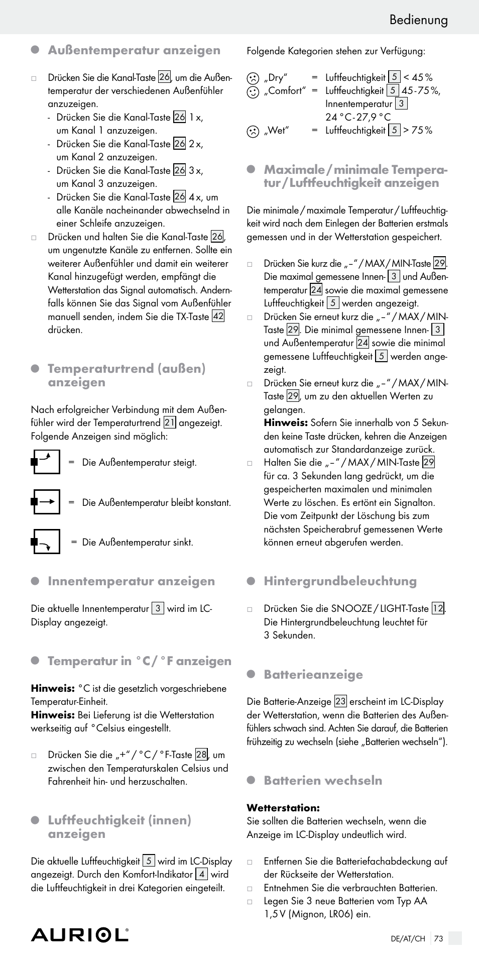 Bedienung, Außentemperatur anzeigen, Temperaturtrend (außen) anzeigen | Innentemperatur anzeigen, Temperatur in °c / °f anzeigen, Luftfeuchtigkeit (innen) anzeigen, Hintergrundbeleuchtung, Batterieanzeige, Batterien wechseln | Auriol Z29536 User Manual | Page 73 / 75