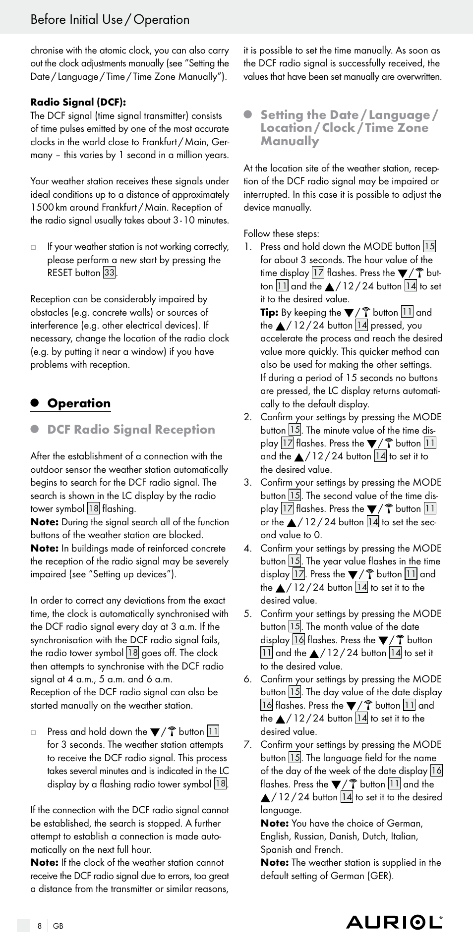 Before initial use / operation, Operation, Dcf radio signal reception | Auriol Z29536 User Manual | Page 8 / 75