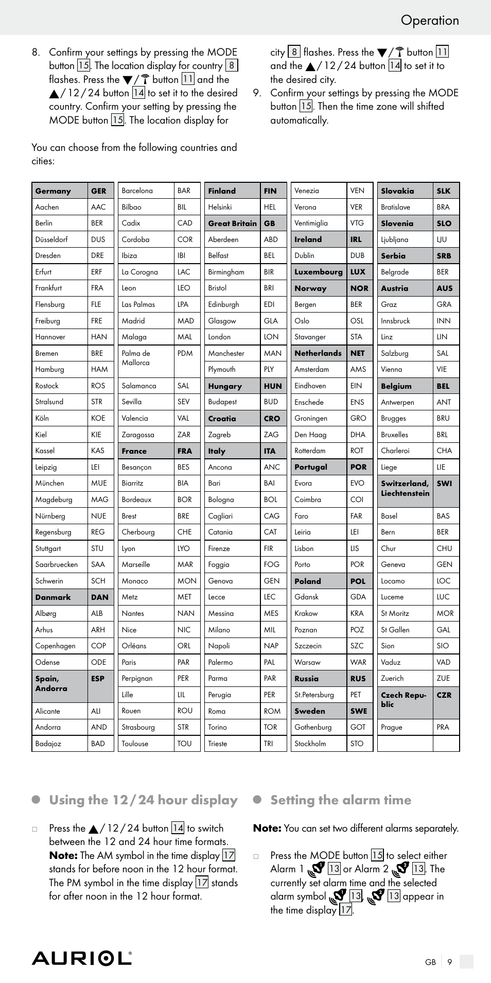 Operation, Using the 12 / 24 hour display, Setting the alarm time | Confirm your settings by pressing the mode button, The location display for country, Flashes. press the / button, And the / 12 / 24 button, The location display for city, Then the time zone will shifted automatically, Jpress the / 12 / 24 button | Auriol Z29536 User Manual | Page 9 / 75