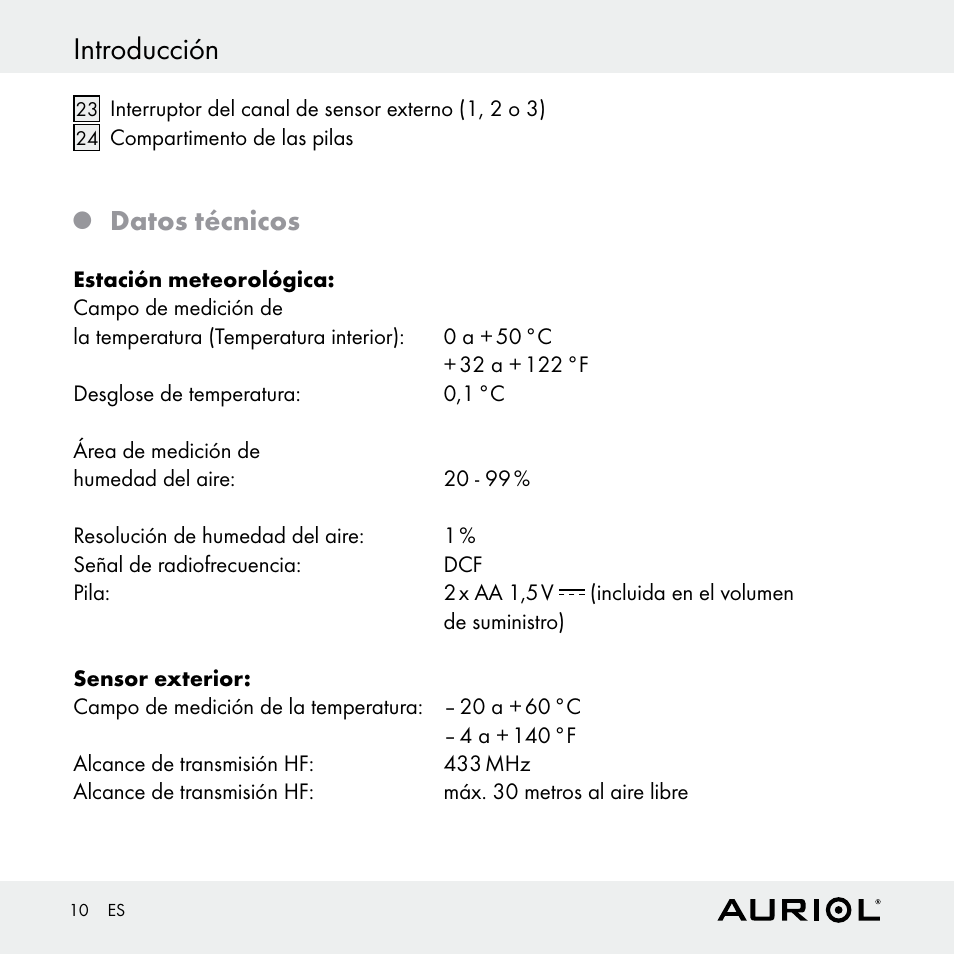 Introducción, Datos técnicos | Auriol Z30398 User Manual | Page 10 / 98