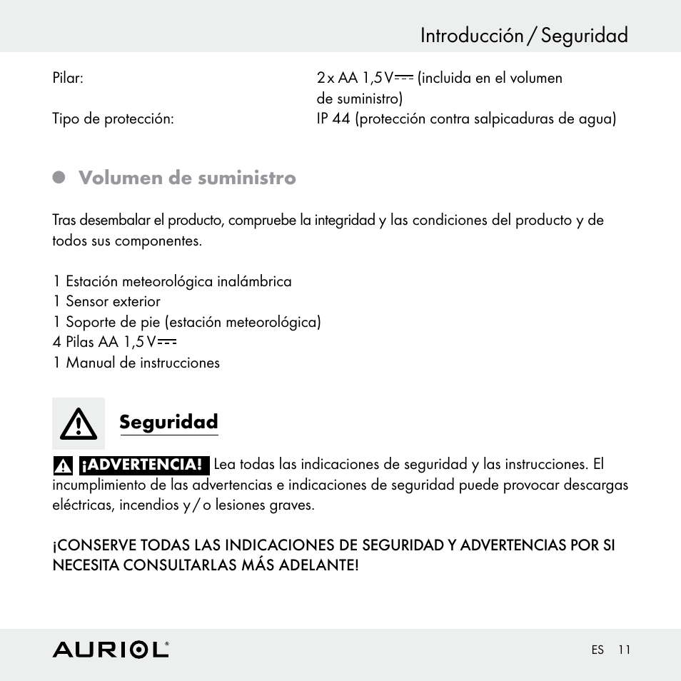 Introducción / seguridad, Volumen de suministro, Seguridad | Auriol Z30398 User Manual | Page 11 / 98