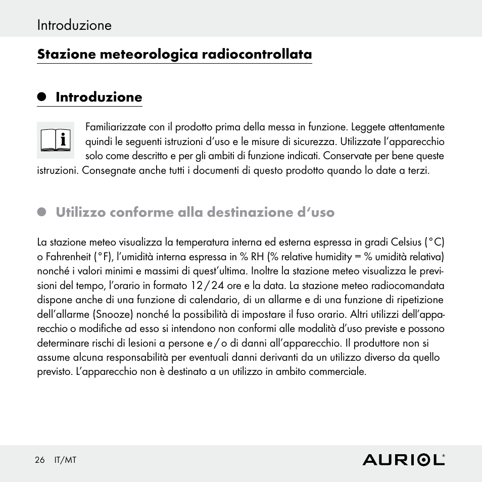 Introduzione, Stazione meteorologica radiocontrollata, Utilizzo conforme alla destinazione d‘uso | Auriol Z30398 User Manual | Page 26 / 98