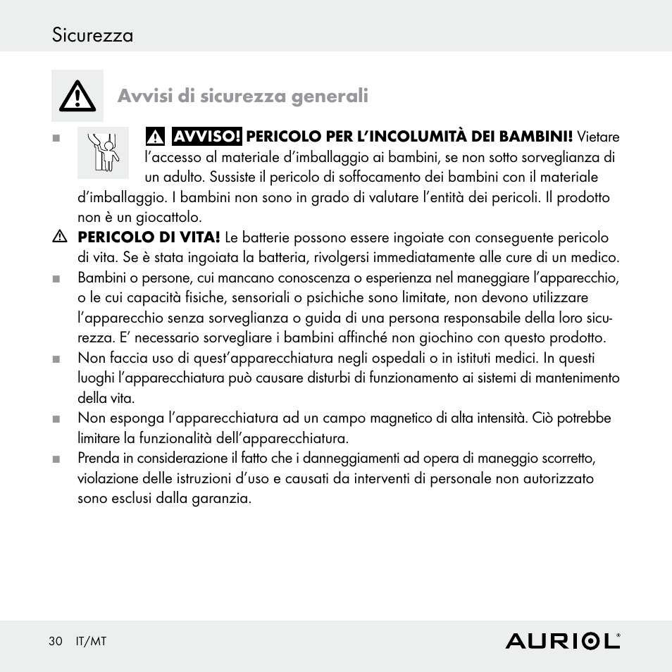 Sicurezza, Avvisi di sicurezza generali | Auriol Z30398 User Manual | Page 30 / 98