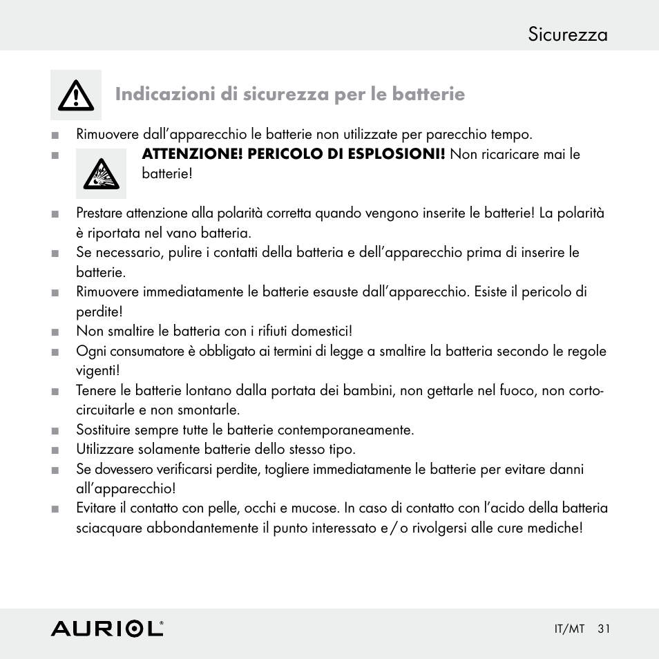 Sicurezza, Indicazioni di sicurezza per le batterie | Auriol Z30398 User Manual | Page 31 / 98