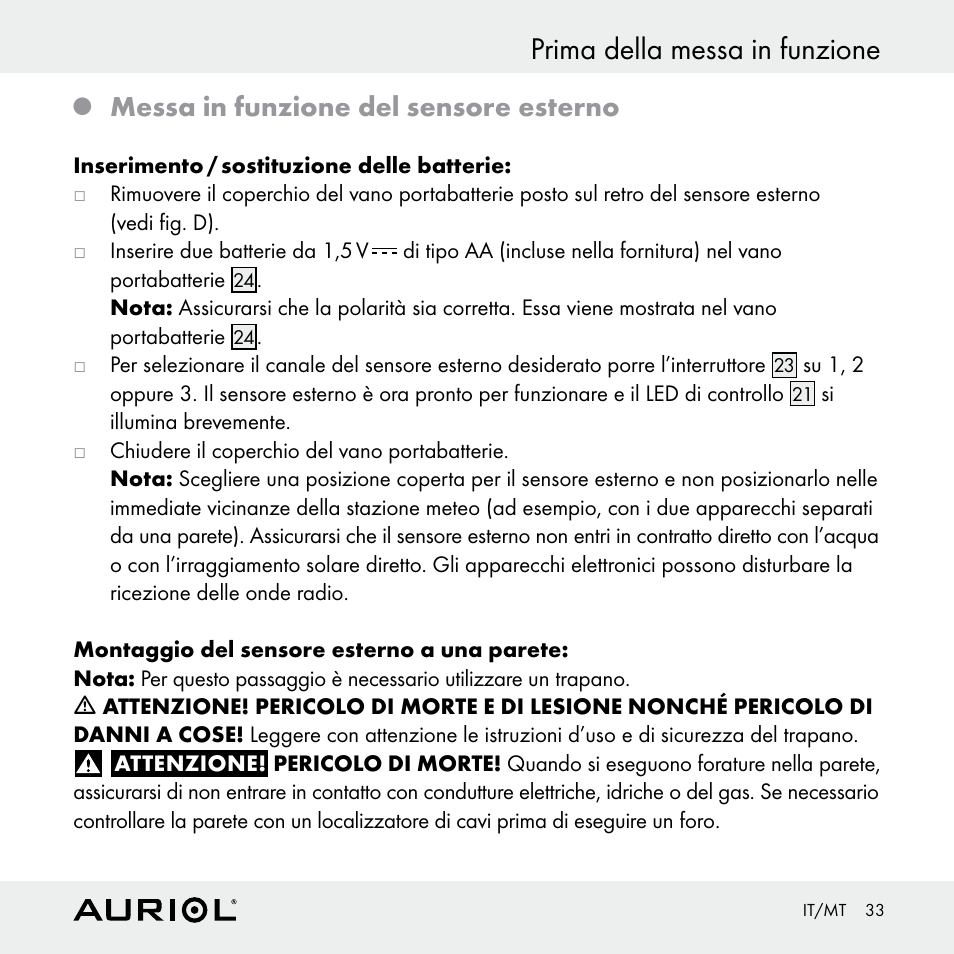 Prima della messa in funzione, Messa in funzione del sensore esterno | Auriol Z30398 User Manual | Page 33 / 98