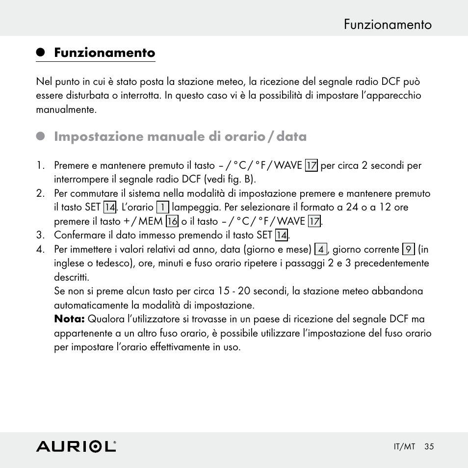 Funzionamento, Impostazione manuale di orario / data | Auriol Z30398 User Manual | Page 35 / 98