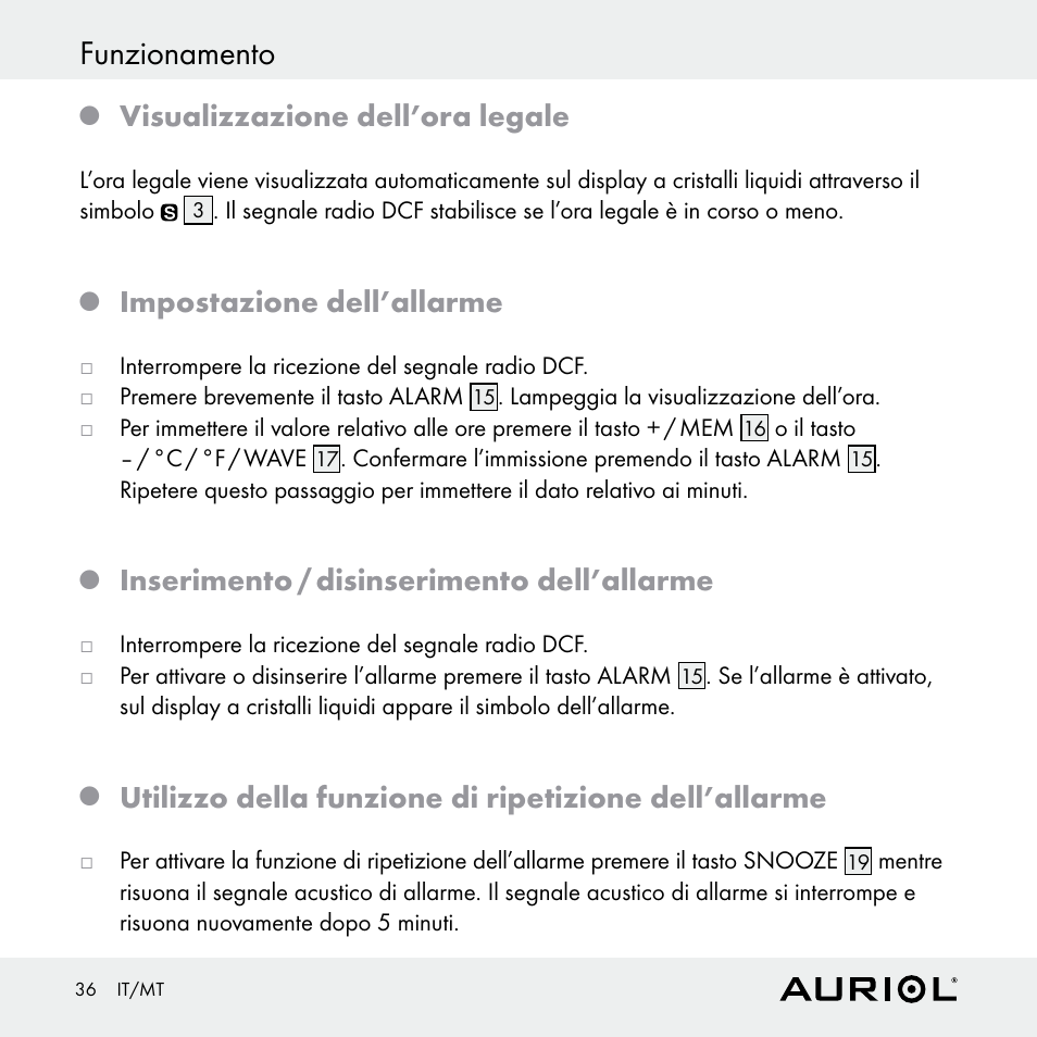 Funzionamento, Visualizzazione dell’ora legale, Impostazione dell’allarme | Inserimento / disinserimento dell’allarme | Auriol Z30398 User Manual | Page 36 / 98