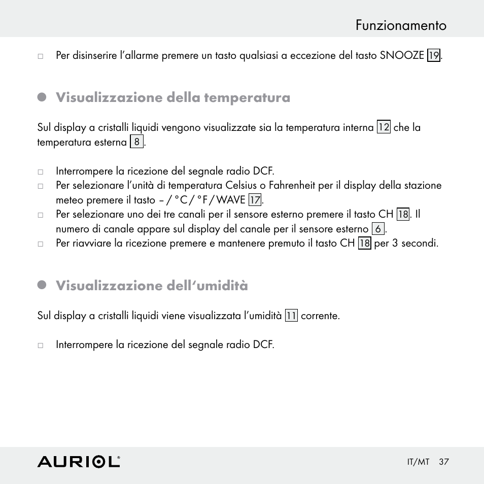 Funzionamento, Visualizzazione della temperatura, Visualizzazione dell‘umidità | Auriol Z30398 User Manual | Page 37 / 98