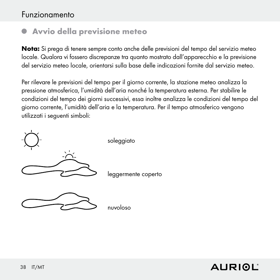 Funzionamento, Avvio della previsione meteo | Auriol Z30398 User Manual | Page 38 / 98