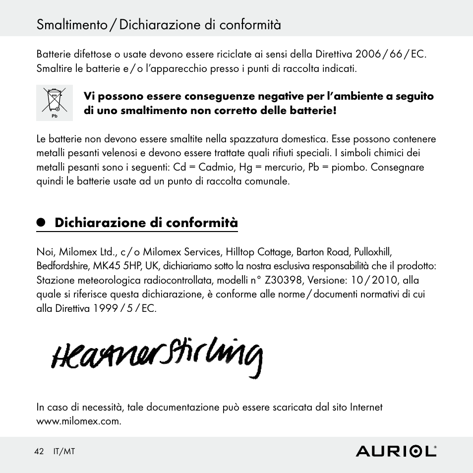 Smaltimento / dichiarazione di conformità, Dichiarazione di conformità | Auriol Z30398 User Manual | Page 42 / 98