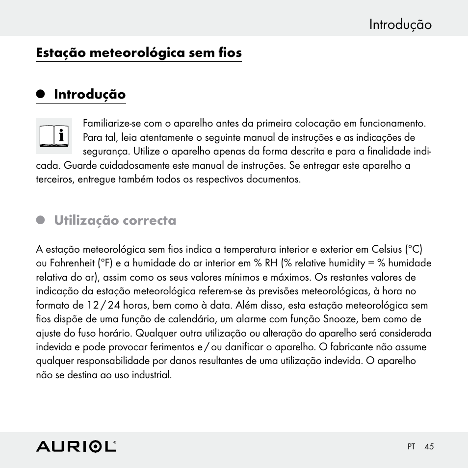 Introdução, Estação meteorológica sem fios, Utilização correcta | Auriol Z30398 User Manual | Page 45 / 98