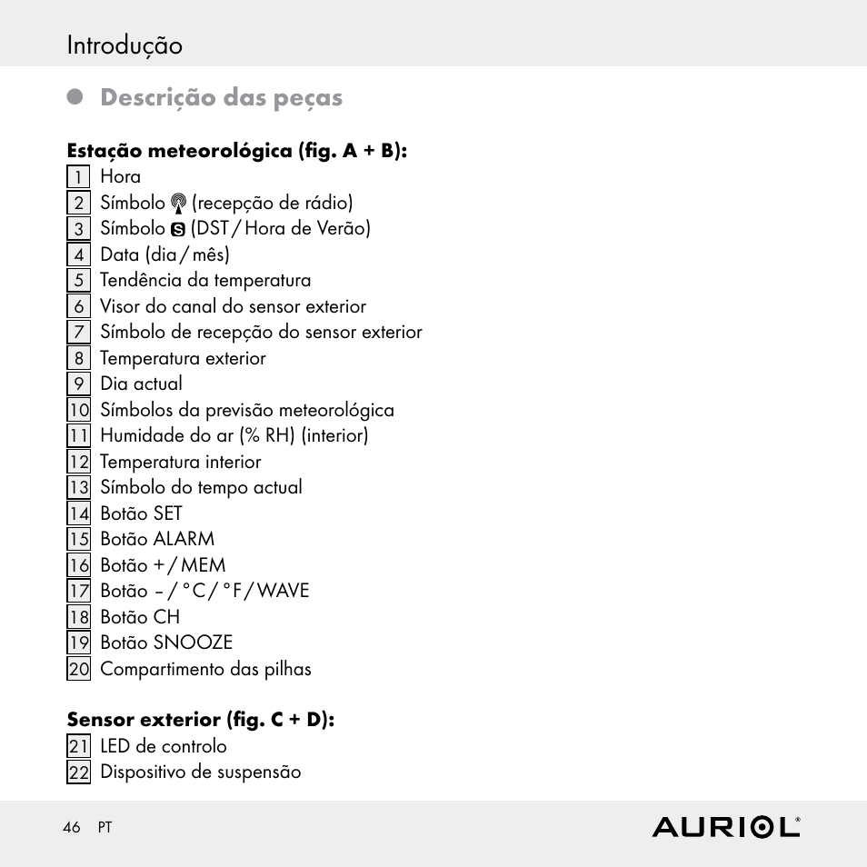 Introdução, Descrição das peças | Auriol Z30398 User Manual | Page 46 / 98