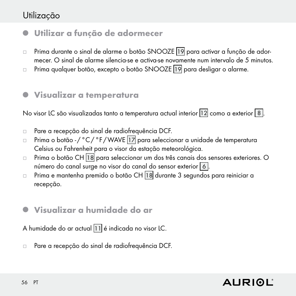 Utilização, Utilizar a função de adormecer, Visualizar a temperatura | Visualizar a humidade do ar | Auriol Z30398 User Manual | Page 56 / 98