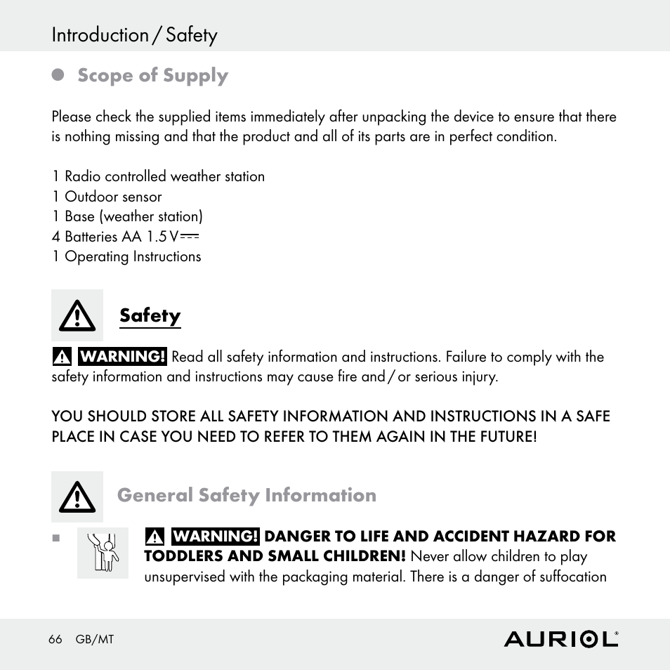 Introduction / safety, Scope of supply, Safety | General safety information | Auriol Z30398 User Manual | Page 66 / 98