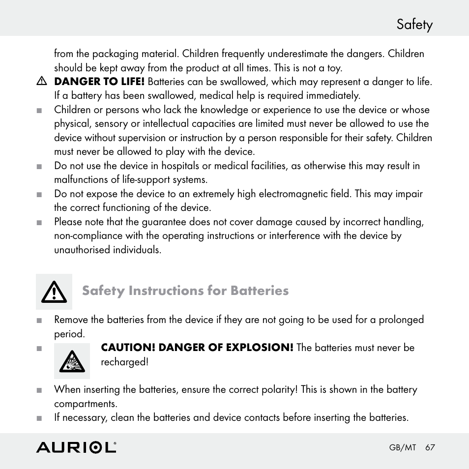 Safety, Safety instructions for batteries | Auriol Z30398 User Manual | Page 67 / 98