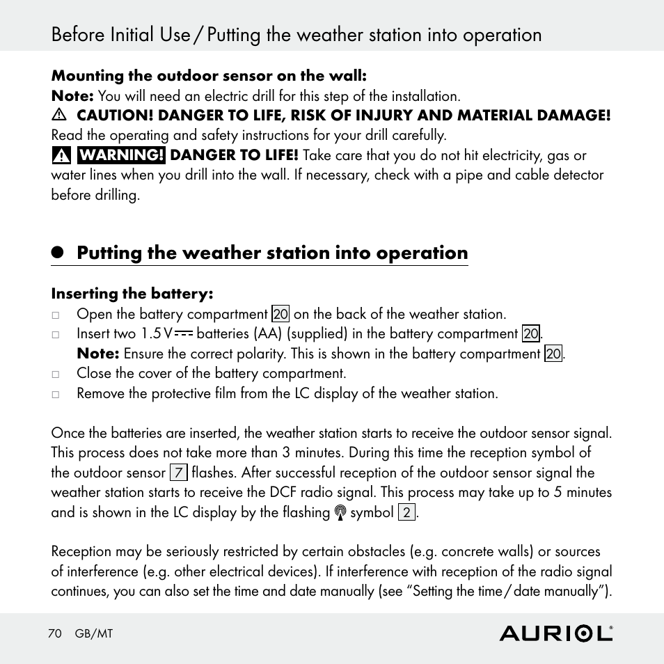 Putting the weather station into operation | Auriol Z30398 User Manual | Page 70 / 98