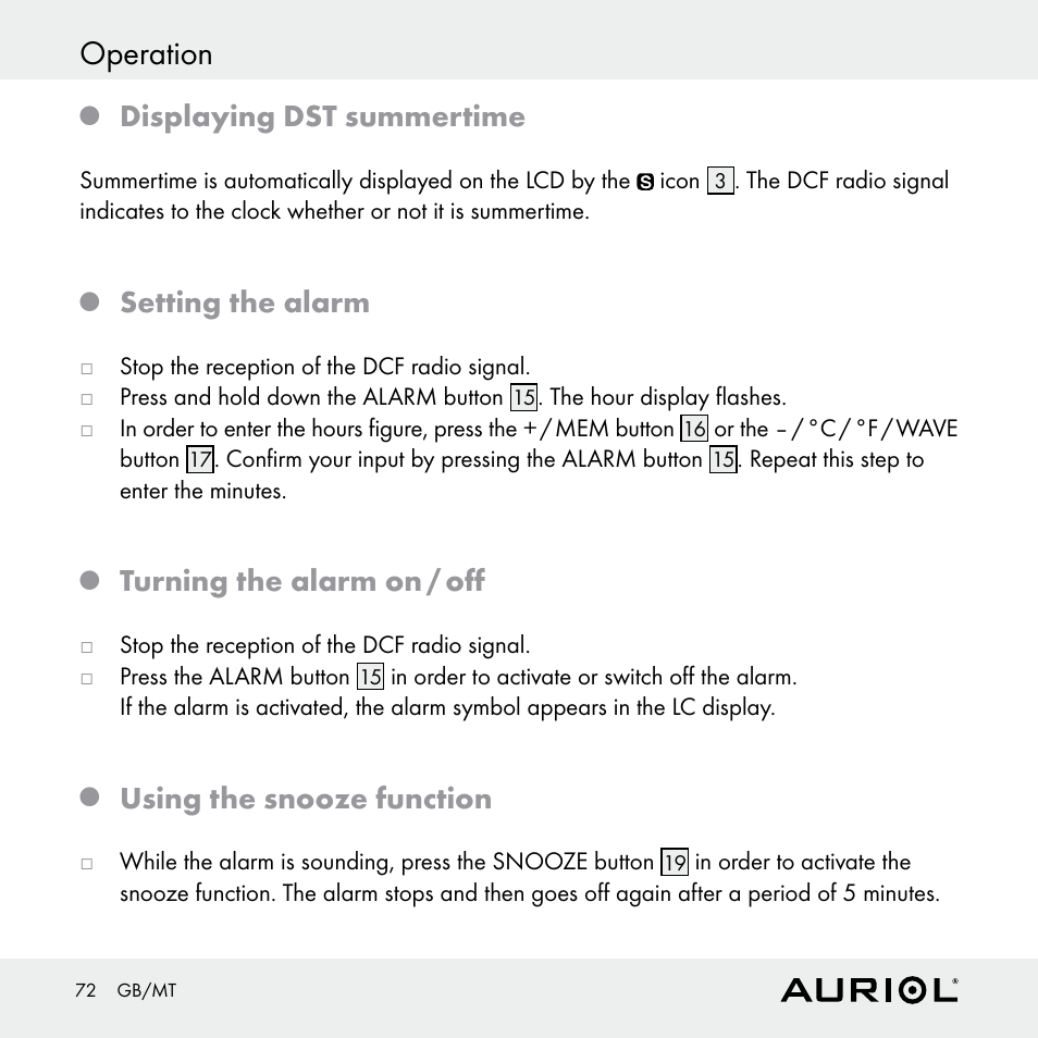 Operation, Displaying dst summertime, Setting the alarm | Turning the alarm on / off, Using the snooze function | Auriol Z30398 User Manual | Page 72 / 98