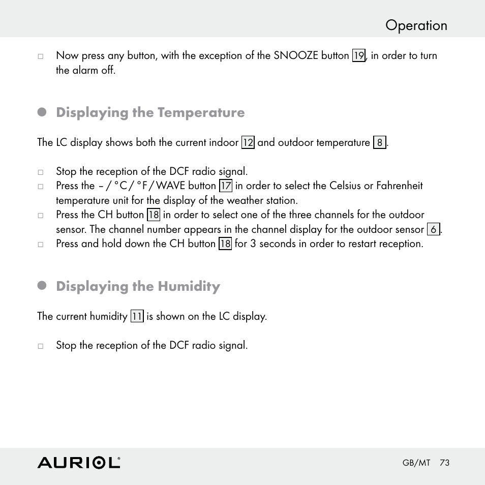 Operation, Displaying the temperature, Displaying the humidity | Auriol Z30398 User Manual | Page 73 / 98