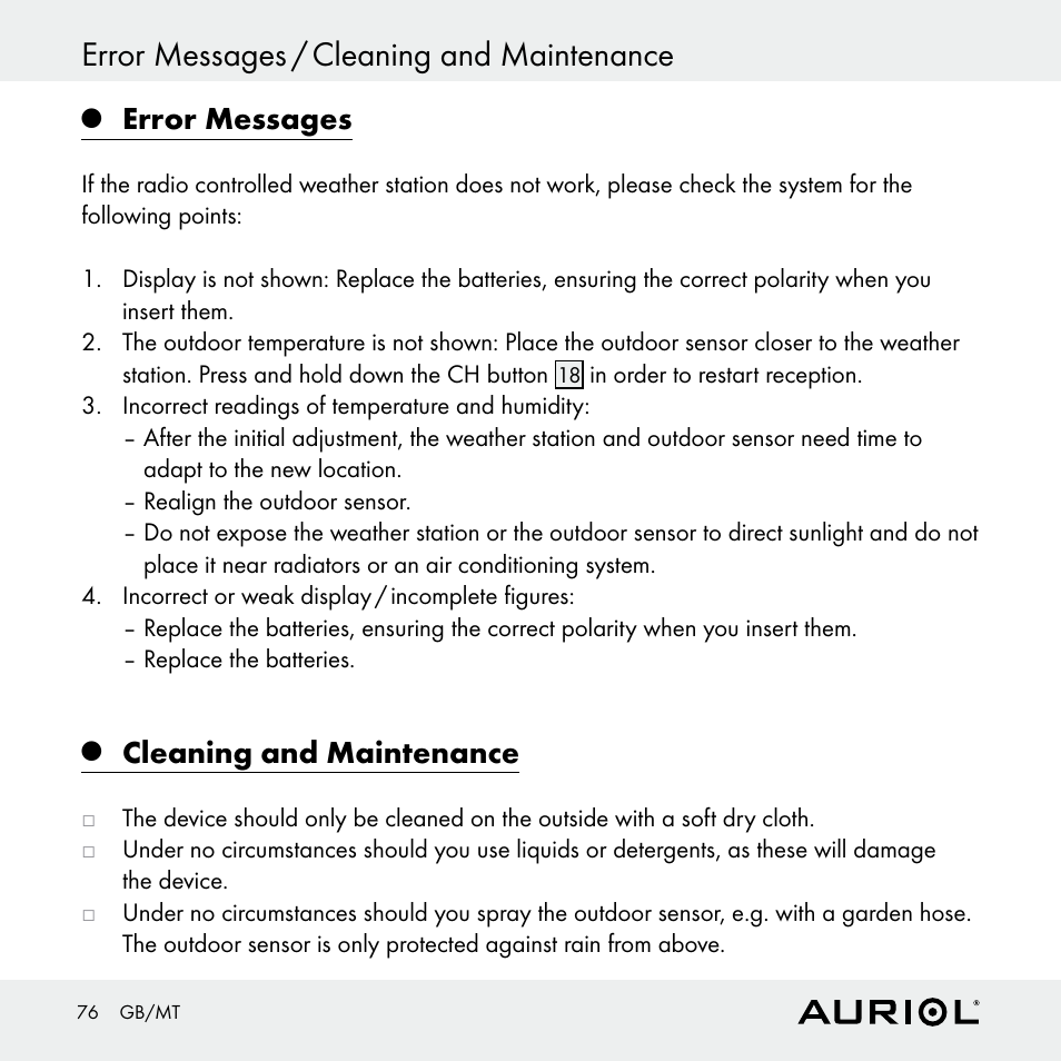 Error messages / cleaning and maintenance, Error messages, Cleaning and maintenance | Auriol Z30398 User Manual | Page 76 / 98