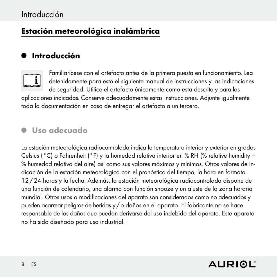 Introducción, Estación meteorológica inalámbrica, Uso adecuado | Auriol Z30398 User Manual | Page 8 / 98
