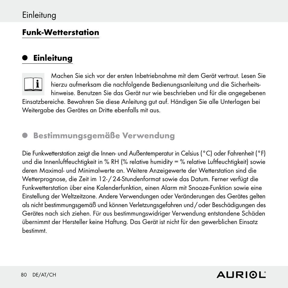 Einleitung, Funk-wetterstation, Bestimmungsgemäße verwendung | Auriol Z30398 User Manual | Page 80 / 98