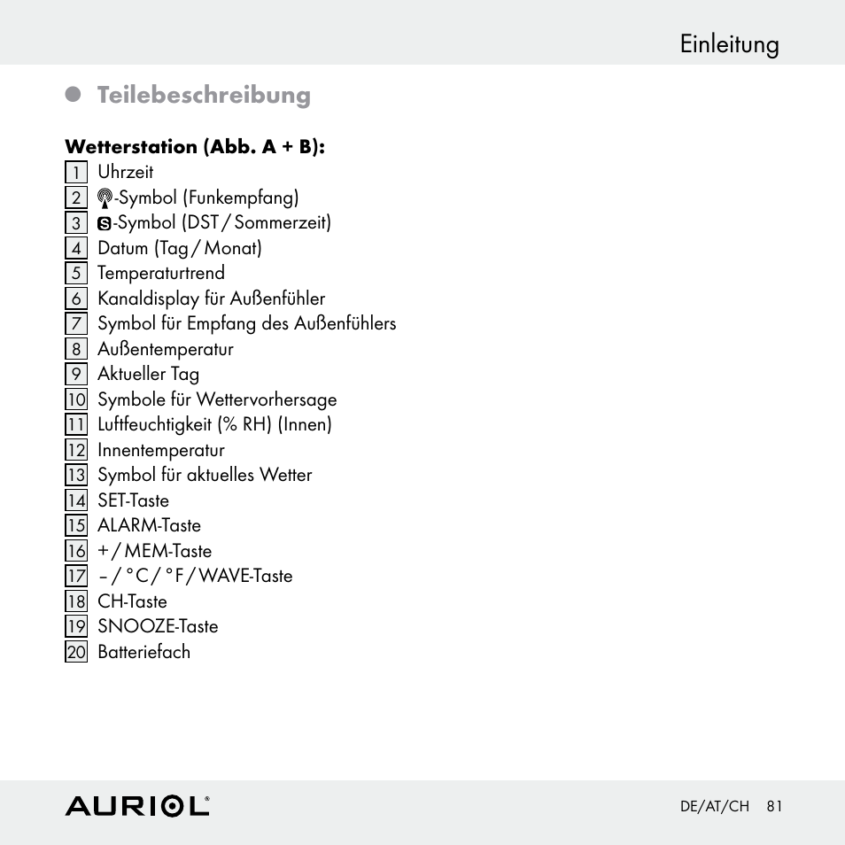 Einleitung, Teilebeschreibung | Auriol Z30398 User Manual | Page 81 / 98