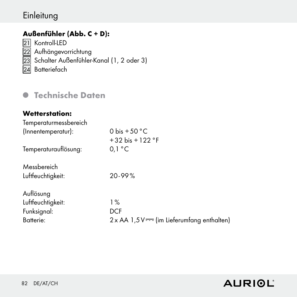 Einleitung, Technische daten | Auriol Z30398 User Manual | Page 82 / 98