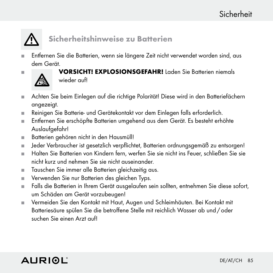 Sicherheit, Sicherheitshinweise zu batterien | Auriol Z30398 User Manual | Page 85 / 98