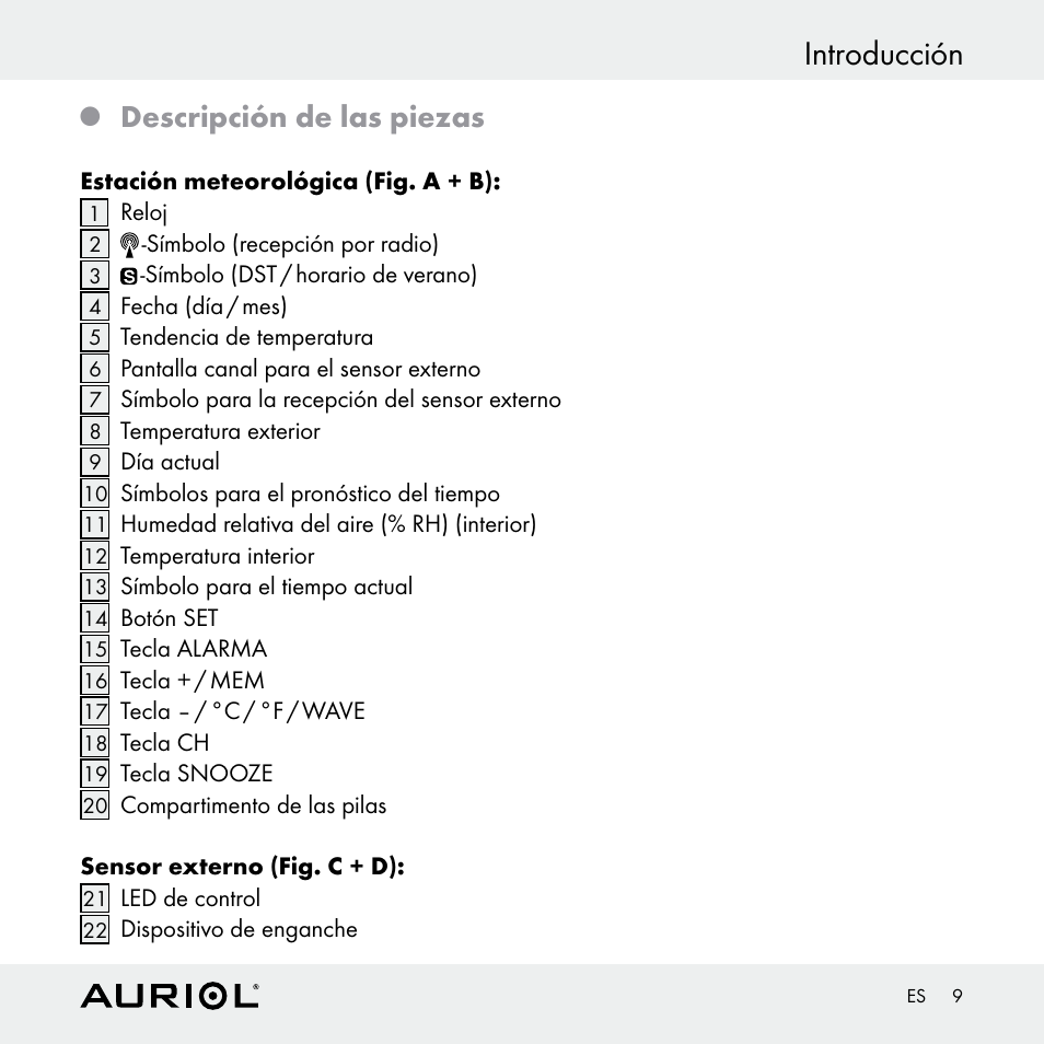 Introducción, Descripción de las piezas | Auriol Z30398 User Manual | Page 9 / 98