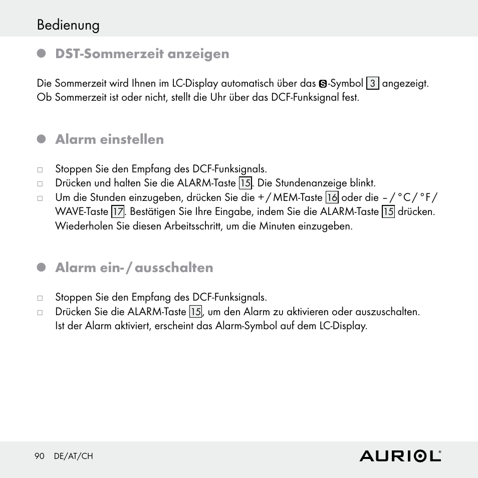 Bedienung, Dst-sommerzeit anzeigen, Alarm einstellen | Alarm ein- / ausschalten | Auriol Z30398 User Manual | Page 90 / 98