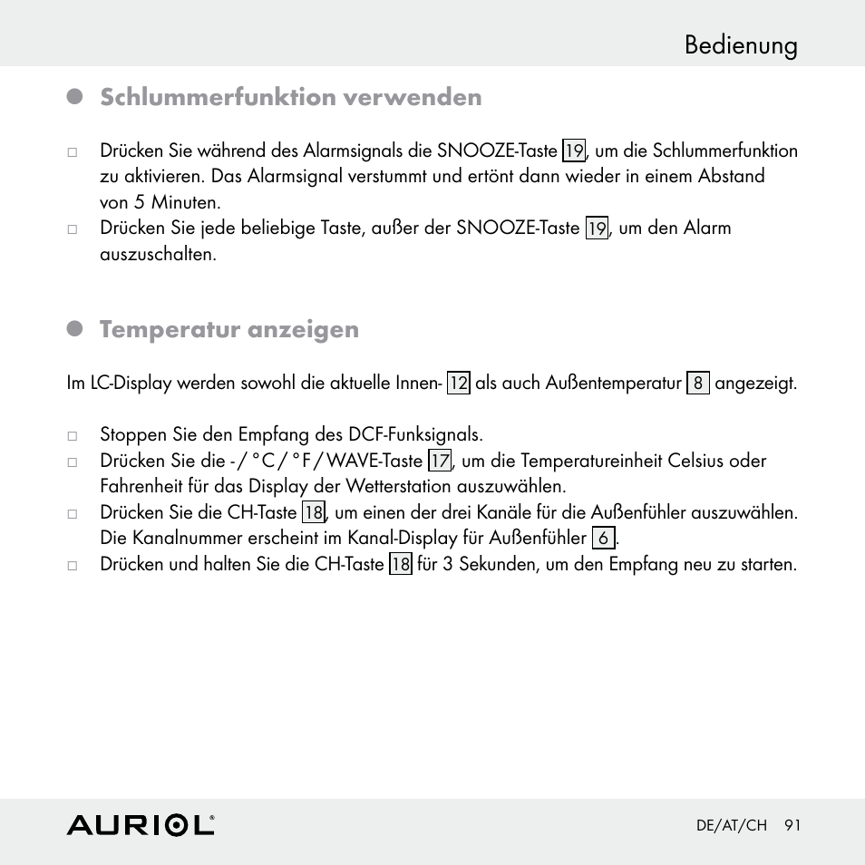 Bedienung, Schlummerfunktion verwenden, Temperatur anzeigen | Auriol Z30398 User Manual | Page 91 / 98