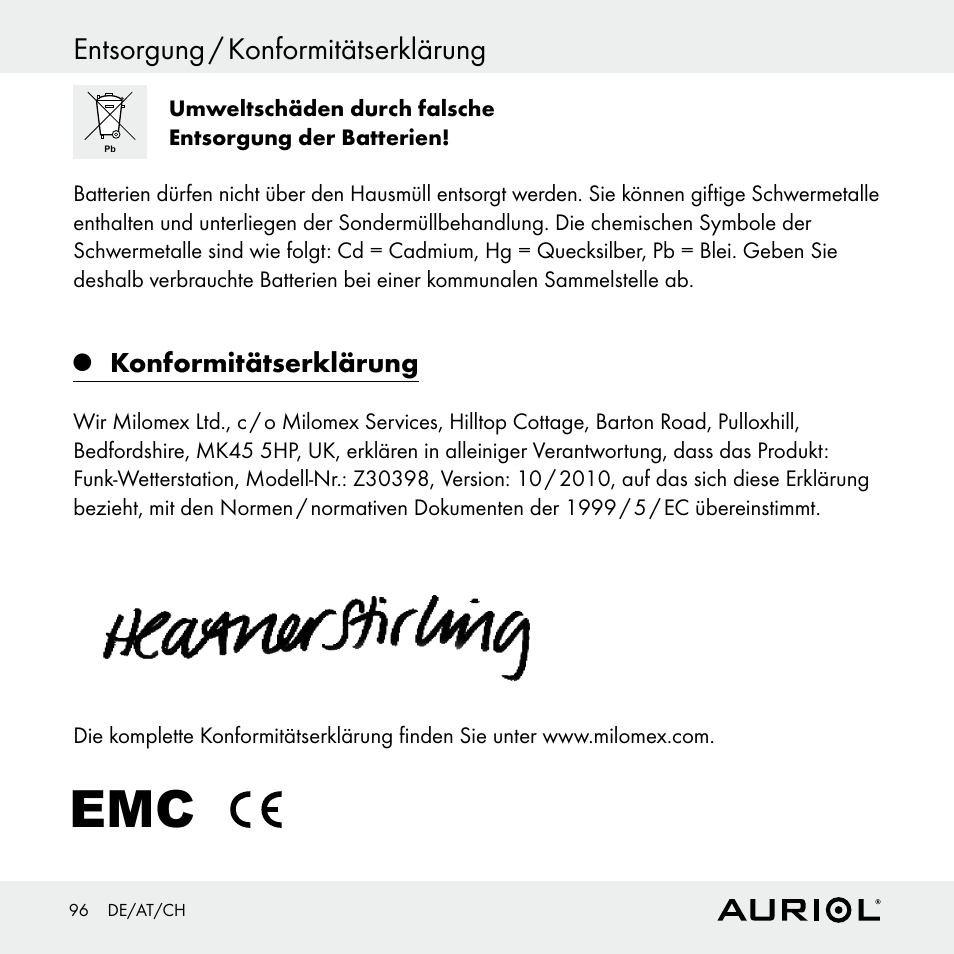 Entsorgung / konformitätserklärung, Konformitätserklärung | Auriol Z30398 User Manual | Page 96 / 98