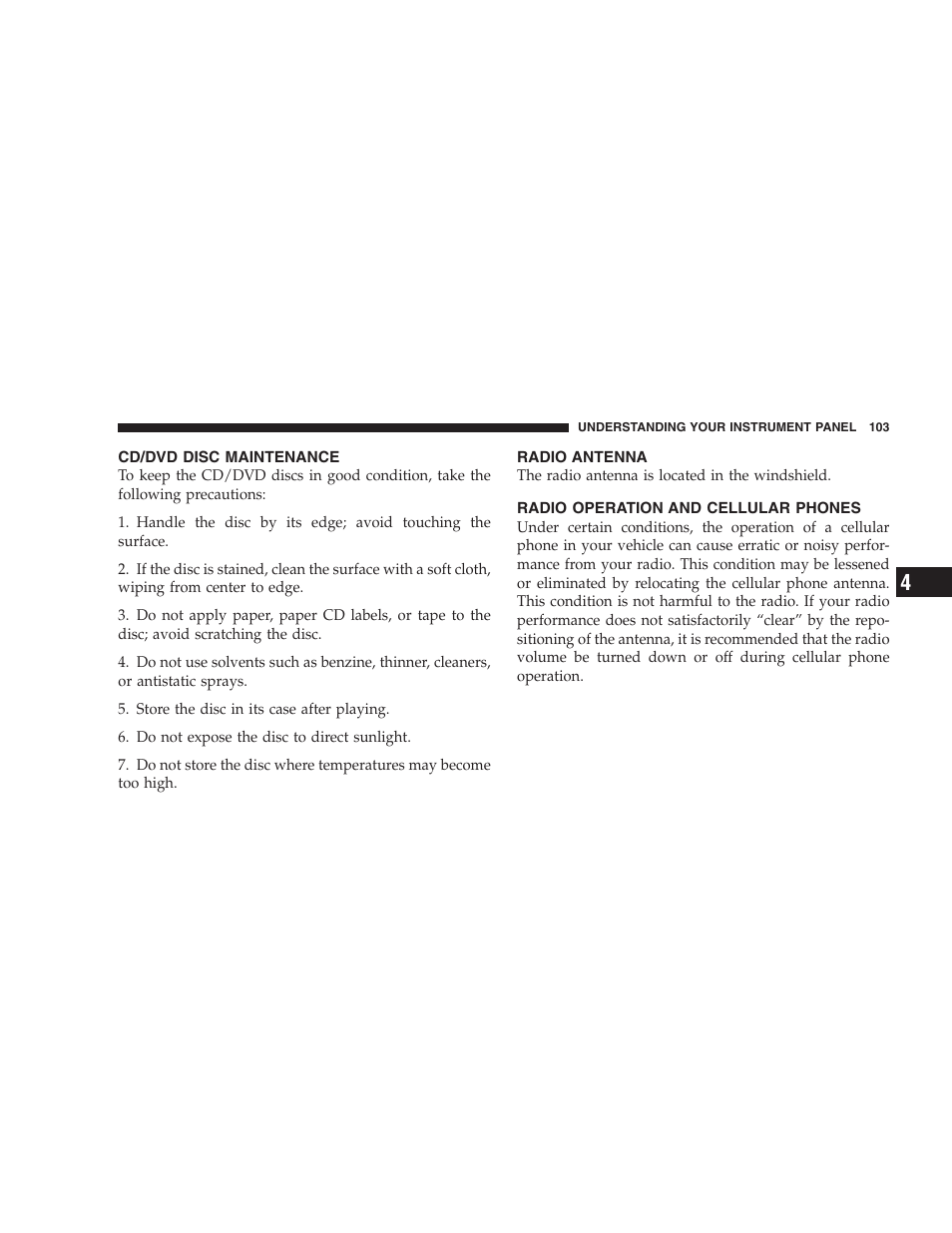 Cd/dvd disc maintenance, Radio antenna, Radio operation and cellular phones | Dodge 2005 Viper User Manual | Page 103 / 264