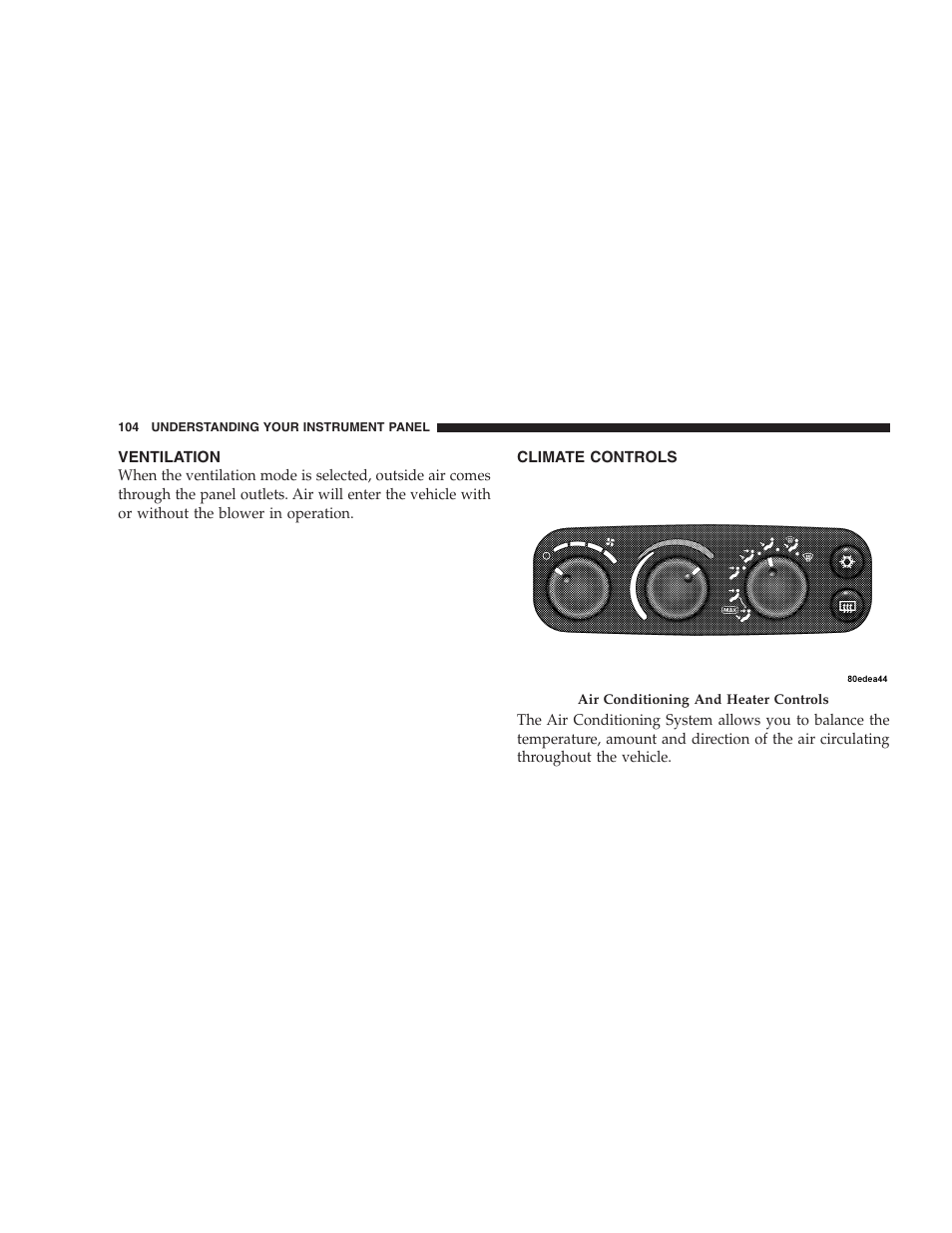 Ventilation, Climate controls | Dodge 2005 Viper User Manual | Page 104 / 264