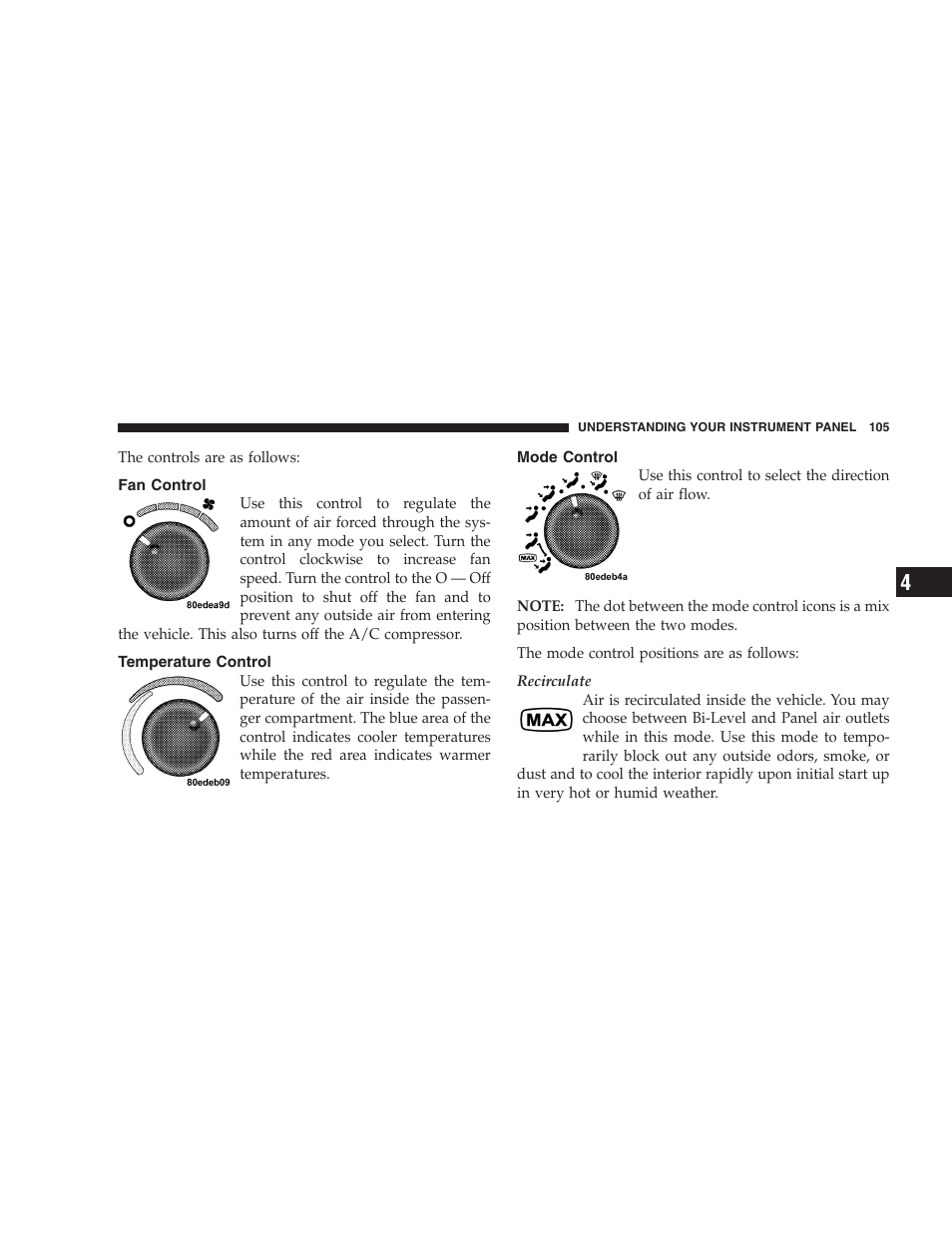Fan control, Temperature control, Mode control | Dodge 2005 Viper User Manual | Page 105 / 264