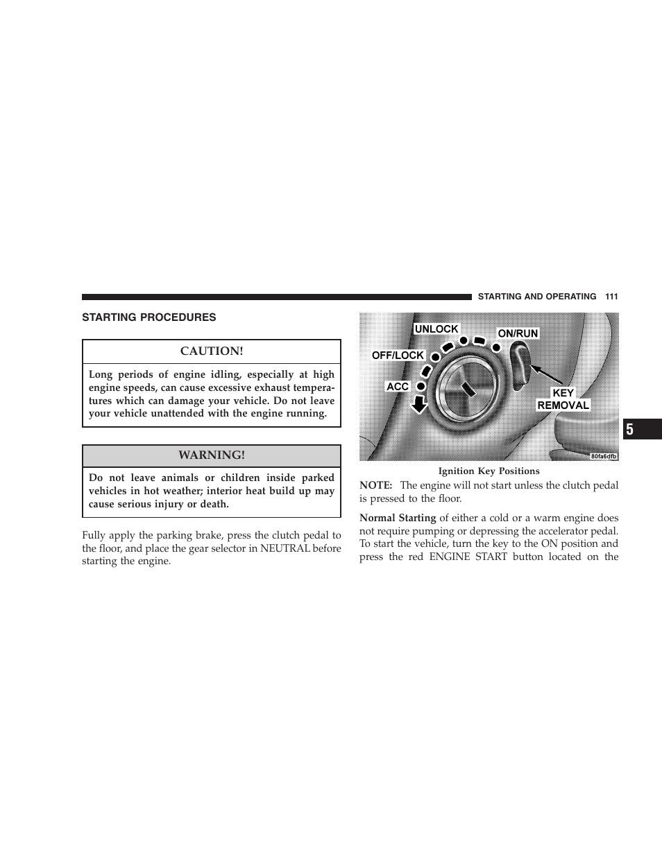 Starting procedures | Dodge 2005 Viper User Manual | Page 111 / 264