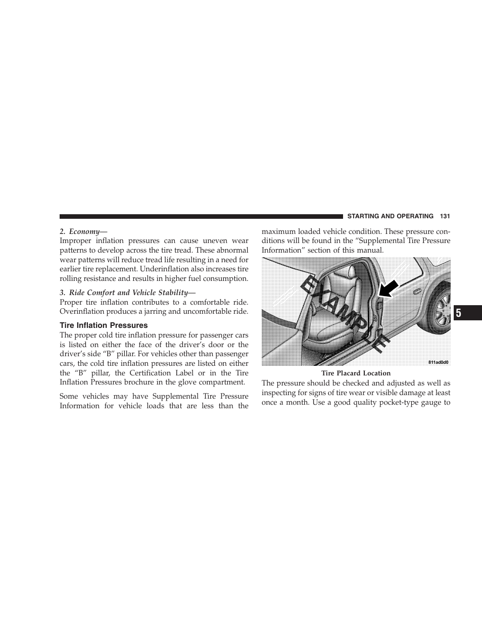 Tire inflation pressures | Dodge 2005 Viper User Manual | Page 131 / 264