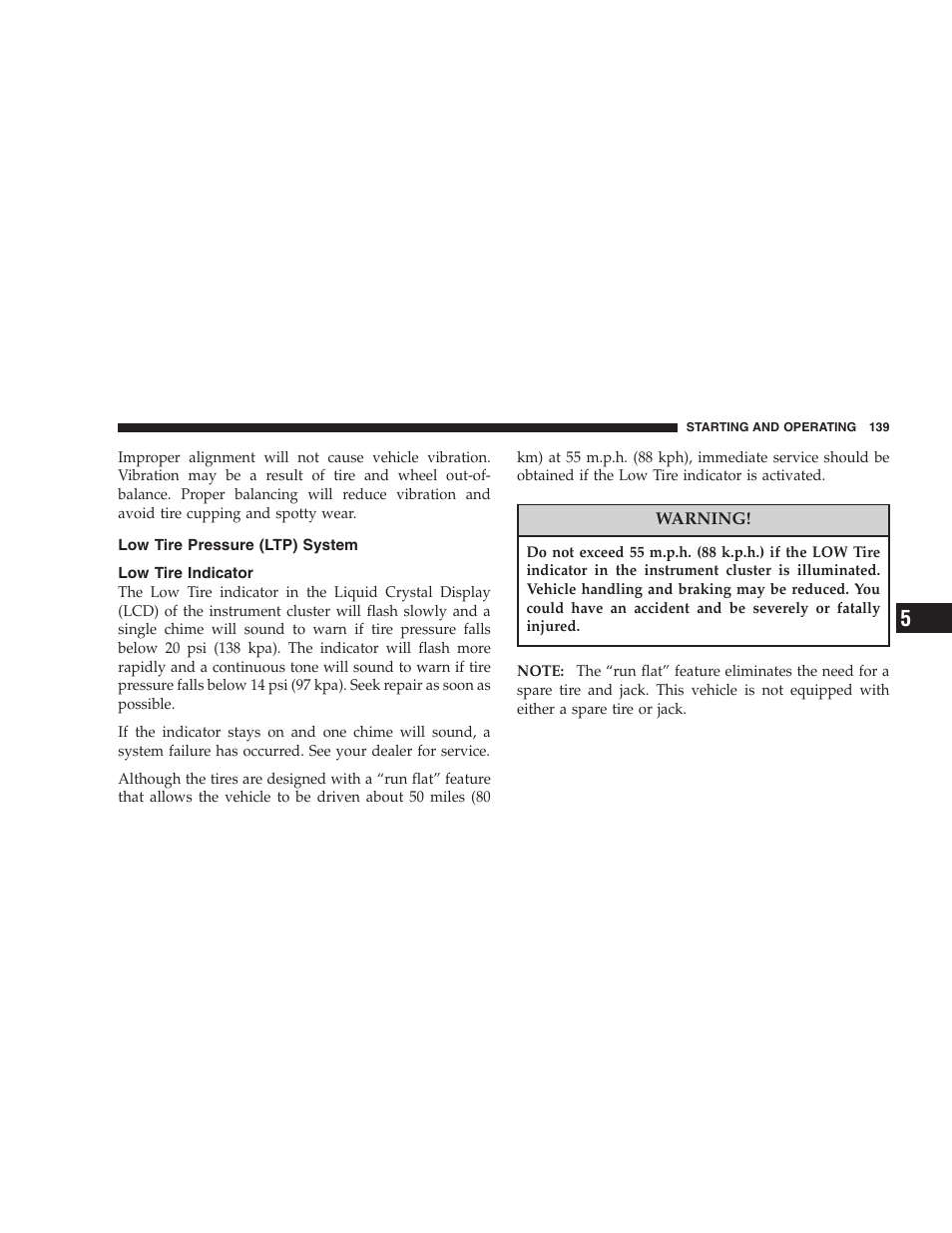 Low tire pressure (ltp) system, Low tire indicator | Dodge 2005 Viper User Manual | Page 139 / 264